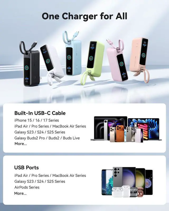 Alt view image 6 of 7 - Portable Charger, 10000mAh 30W Fast Charging Power Bank, Built-in USB C Cable and Foldable AC Plug, Travel Essentials Battery Pack for iPhone 16 15, Samsung S25 S24, MacBook