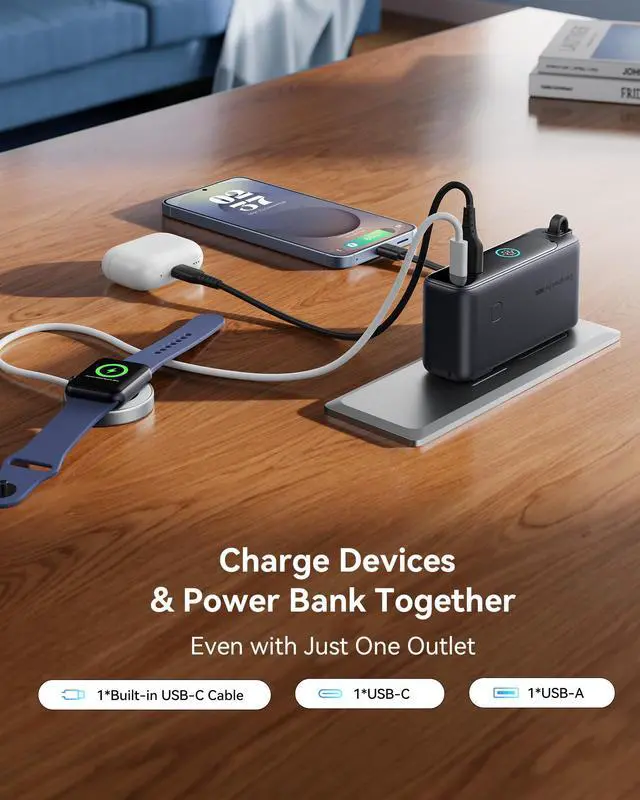 Alt view image 4 of 7 - Portable Charger, 10000mAh 30W Fast Charging Power Bank, Built-in USB C Cable and Foldable AC Plug, Travel Essentials Battery Pack for iPhone 16 15, Samsung S25 S24, MacBook