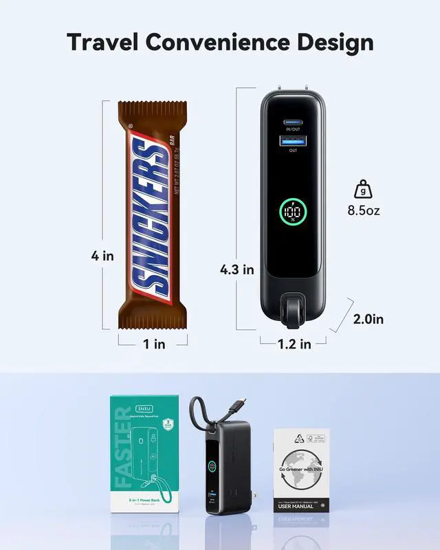 Alt view image 7 of 7 - Portable Charger, 10000mAh 30W Fast Charging Power Bank, Built-in USB C Cable and Foldable AC Plug, Travel Essentials Battery Pack for iPhone 16 15, Samsung S25 S24, MacBook