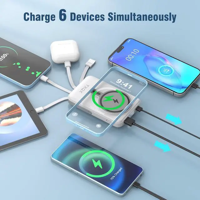 Alt view image 5 of 7 - Wireless Portable Charger 10000mAh,Magnetic Power Bank with Built-in Cables LED Display,22.5W PD Fast Charging for Magsafe Battery Pack Compatible with iPhone16/15/14/13/12/Pro/Pro Max (White)