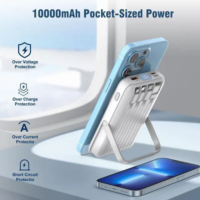 Alt view image 6 of 7 - Wireless Portable Charger 10000mAh,Magnetic Power Bank with Built-in Cables LED Display,22.5W PD Fast Charging for Magsafe Battery Pack Compatible with iPhone16/15/14/13/12/Pro/Pro Max (White)