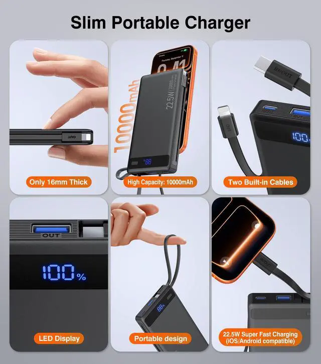 Alt view image 6 of 7 - 10000mAh Power Bank Built-in 2 Cables, 22.5W PD Slim Fast Portable Charger