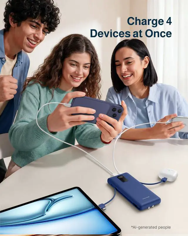 Alt view image 3 of 7 - 10000mAh Portable Charger with Built-in Cables and AC Wall Plug