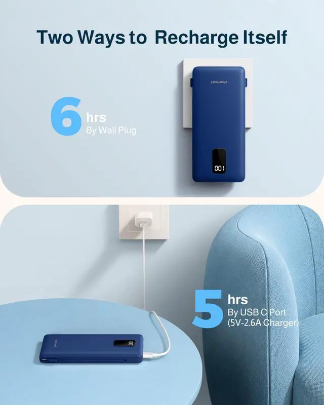 Alt view image 6 of 7 - 10000mAh Portable Charger with Built-in Cables and AC Wall Plug