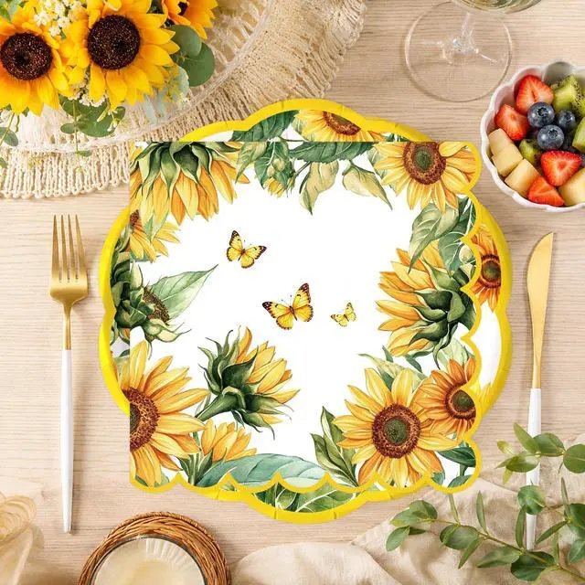 Alt view image 2 of 7 - 50Pcs Sunflower Paper Plates and Napkins Sets Party Decorations, 7 inch Disposable Sunflower Birthday Dessert Cake Plates Tableware Set for Fall Autumn Birthday Picnic Bridal Shower Party Supplies