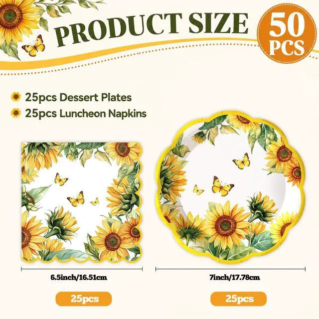 Alt view image 3 of 7 - 50Pcs Sunflower Paper Plates and Napkins Sets Party Decorations, 7 inch Disposable Sunflower Birthday Dessert Cake Plates Tableware Set for Fall Autumn Birthday Picnic Bridal Shower Party Supplies