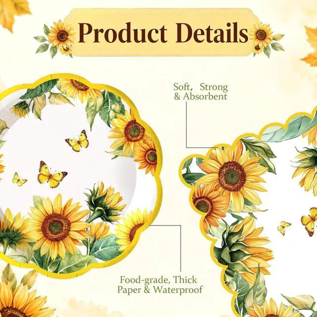 Alt view image 4 of 7 - 50Pcs Sunflower Paper Plates and Napkins Sets Party Decorations, 7 inch Disposable Sunflower Birthday Dessert Cake Plates Tableware Set for Fall Autumn Birthday Picnic Bridal Shower Party Supplies