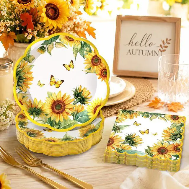 Alt view image 5 of 7 - 50Pcs Sunflower Paper Plates and Napkins Sets Party Decorations, 7 inch Disposable Sunflower Birthday Dessert Cake Plates Tableware Set for Fall Autumn Birthday Picnic Bridal Shower Party Supplies