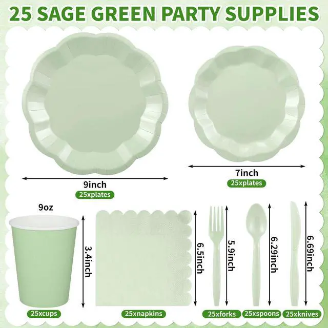 Alt view image 2 of 7 - 175 Pcs Sage Green Plates and Napkins Green Party Supplies Serve 25 Guest
