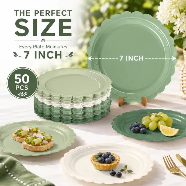 Alt view image 2 of 7 - 50 Pcs Green Paper Plates, 7 Inch Scalloped Disposable Dessert Plates, Gradient White and Green Party Tableware for Birthday, Baby Shower, Wedding, Bridal Shower, Engagement Party