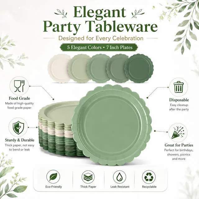 Alt view image 3 of 7 - 50 Pcs Green Paper Plates, 7 Inch Scalloped Disposable Dessert Plates, Gradient White and Green Party Tableware for Birthday, Baby Shower, Wedding, Bridal Shower, Engagement Party