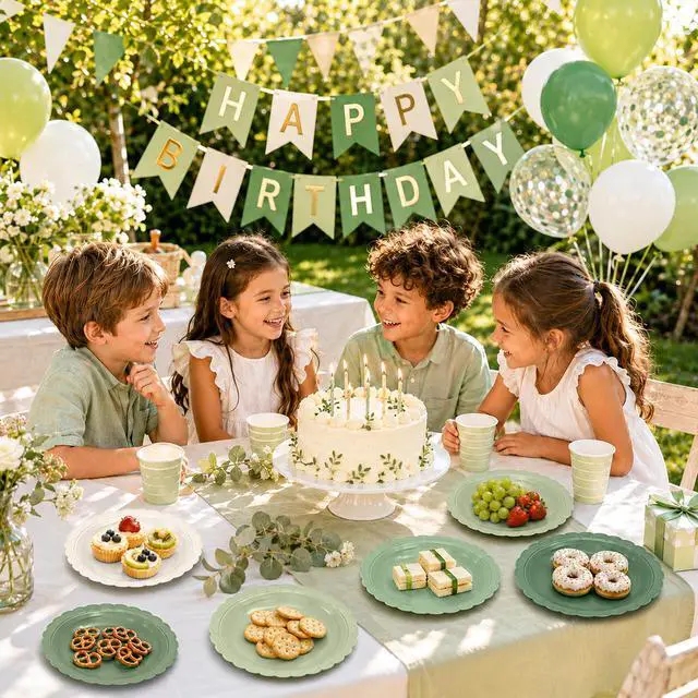 Alt view image 4 of 7 - 50 Pcs Green Paper Plates, 7 Inch Scalloped Disposable Dessert Plates, Gradient White and Green Party Tableware for Birthday, Baby Shower, Wedding, Bridal Shower, Engagement Party