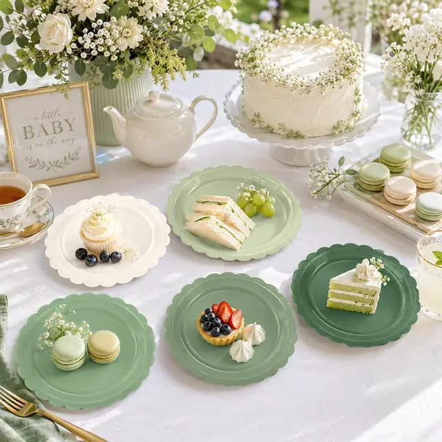 Alt view image 5 of 7 - 50 Pcs Green Paper Plates, 7 Inch Scalloped Disposable Dessert Plates, Gradient White and Green Party Tableware for Birthday, Baby Shower, Wedding, Bridal Shower, Engagement Party