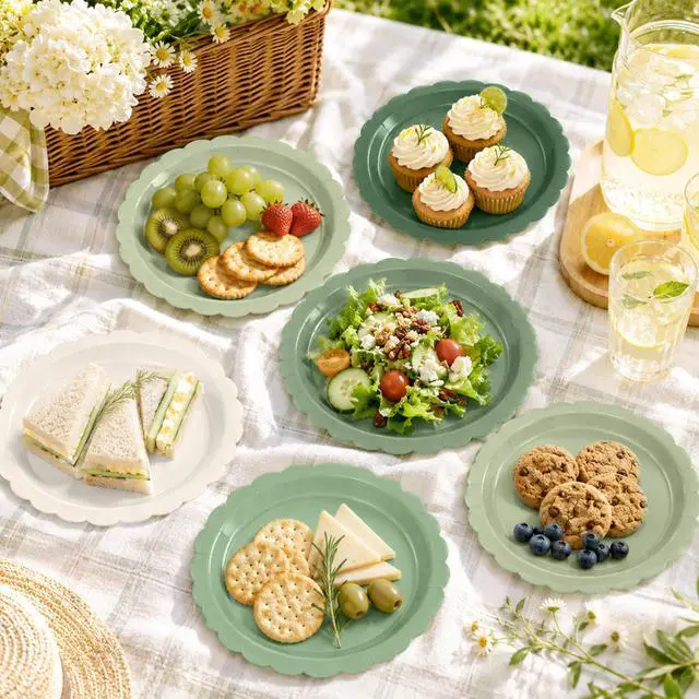 Alt view image 7 of 7 - 50 Pcs Green Paper Plates, 7 Inch Scalloped Disposable Dessert Plates, Gradient White and Green Party Tableware for Birthday, Baby Shower, Wedding, Bridal Shower, Engagement Party