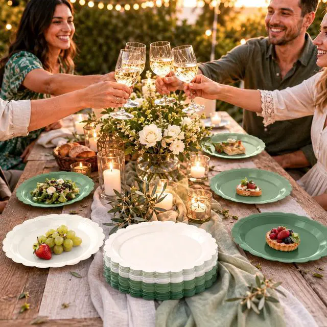 Alt view image 6 of 7 - 50 Pcs Green Paper Plates, 7 Inch Scalloped Disposable Dessert Plates, Gradient White and Green Party Tableware for Birthday, Baby Shower, Wedding, Bridal Shower, Engagement Party