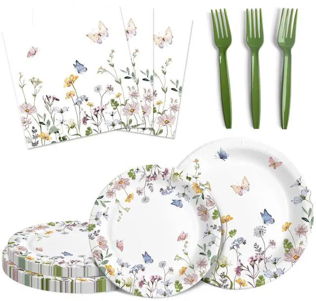 Main image of Party Plates and Napkins, Wildflower 96 Pack - Set for 24 Guests