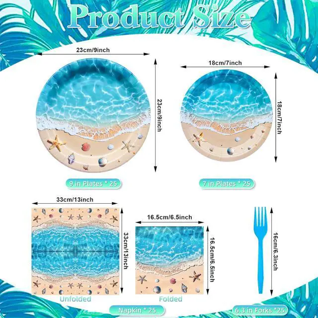 Alt view image 2 of 6 - 100 Pieces Beach Party Tableware Set Ocean Wave Disposable Plates, Napkins and Forks, Seashell Starfish Summer Pool Party Supplies for Birthday, Beach Theme and Tropical Decorations