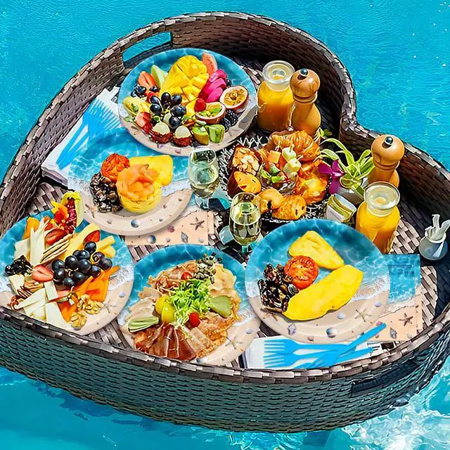 Alt view image 5 of 6 - 100 Pieces Beach Party Tableware Set Ocean Wave Disposable Plates, Napkins and Forks, Seashell Starfish Summer Pool Party Supplies for Birthday, Beach Theme and Tropical Decorations
