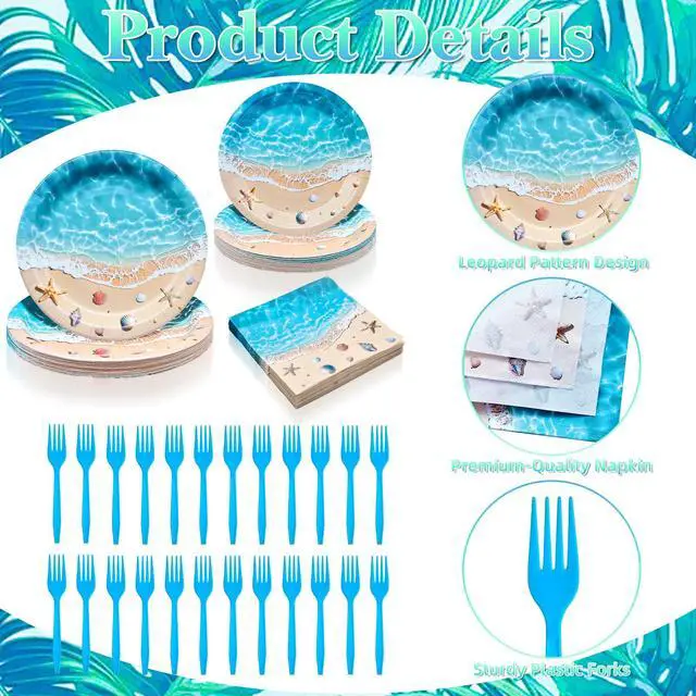 Alt view image 3 of 6 - 100 Pieces Beach Party Tableware Set Ocean Wave Disposable Plates, Napkins and Forks, Seashell Starfish Summer Pool Party Supplies for Birthday, Beach Theme and Tropical Decorations