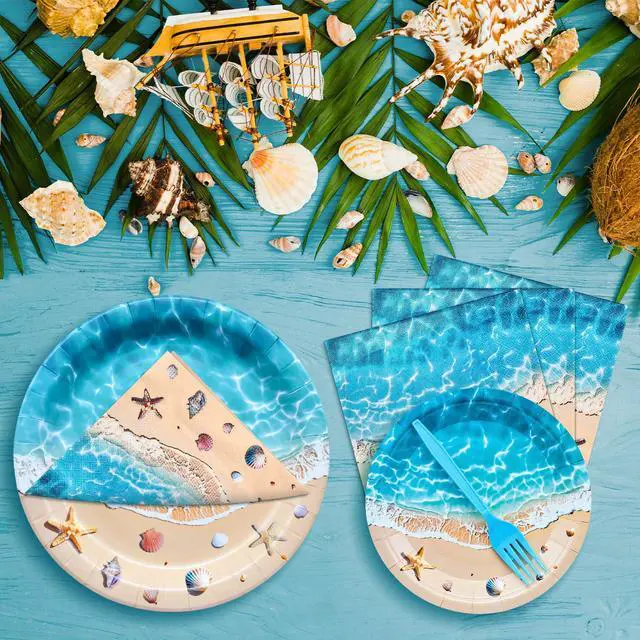 Alt view image 4 of 6 - 100 Pieces Beach Party Tableware Set Ocean Wave Disposable Plates, Napkins and Forks, Seashell Starfish Summer Pool Party Supplies for Birthday, Beach Theme and Tropical Decorations