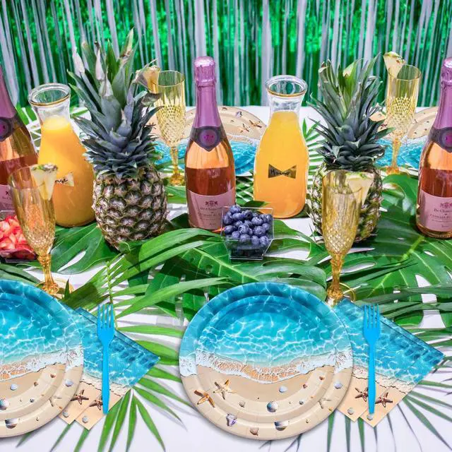 Alt view image 6 of 6 - 100 Pieces Beach Party Tableware Set Ocean Wave Disposable Plates, Napkins and Forks, Seashell Starfish Summer Pool Party Supplies for Birthday, Beach Theme and Tropical Decorations