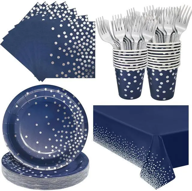 Main image of Serve 25 Guests Navy Blue Plates and Napkins Party Supplies,Blue and Silver Birthday Plates Napkins Cups Tablecloth Disposable
