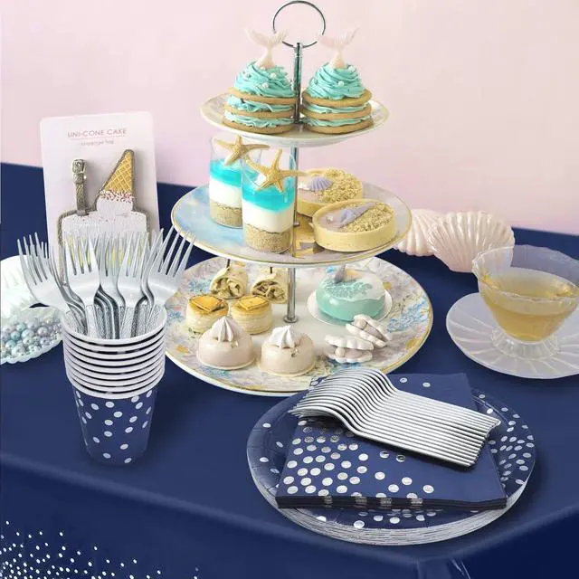 Alt view image 3 of 7 - Serve 25 Guests Navy Blue Plates and Napkins Party Supplies,Blue and Silver Birthday Plates Napkins Cups Tablecloth Disposable