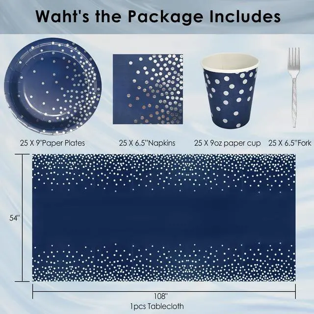 Alt view image 2 of 7 - Serve 25 Guests Navy Blue Plates and Napkins Party Supplies,Blue and Silver Birthday Plates Napkins Cups Tablecloth Disposable