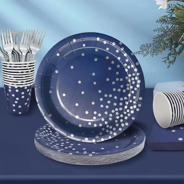 Alt view image 4 of 7 - Serve 25 Guests Navy Blue Plates and Napkins Party Supplies,Blue and Silver Birthday Plates Napkins Cups Tablecloth Disposable
