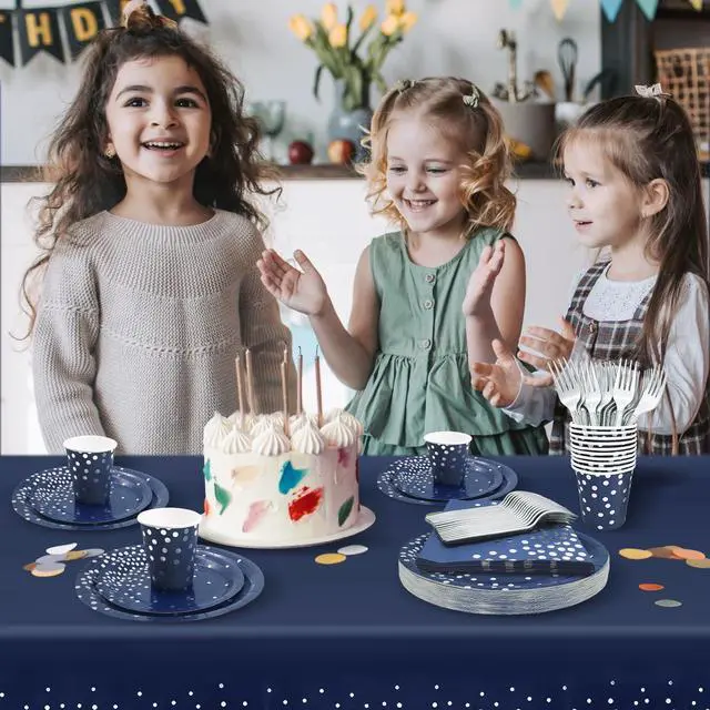 Alt view image 6 of 7 - Serve 25 Guests Navy Blue Plates and Napkins Party Supplies,Blue and Silver Birthday Plates Napkins Cups Tablecloth Disposable