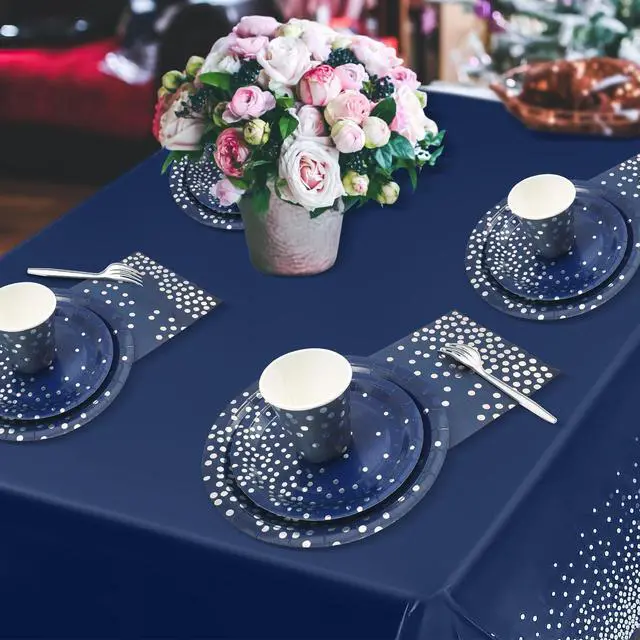 Alt view image 5 of 7 - Serve 25 Guests Navy Blue Plates and Napkins Party Supplies,Blue and Silver Birthday Plates Napkins Cups Tablecloth Disposable