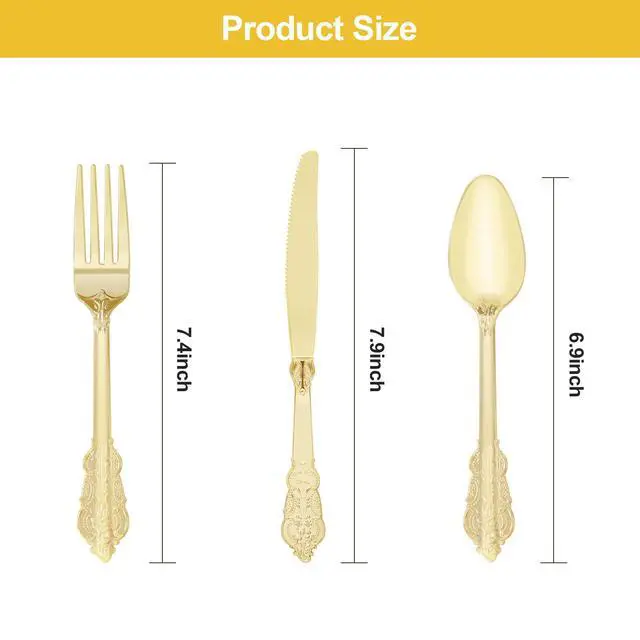 Alt view image 2 of 7 - 75PCS Gold Heavy Duty Plastic Silverware for 25 Guests