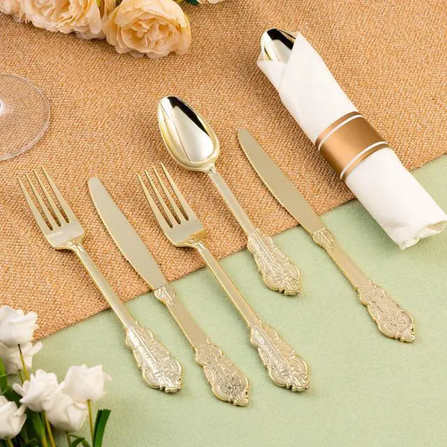 Alt view image 5 of 7 - 75PCS Gold Heavy Duty Plastic Silverware for 25 Guests