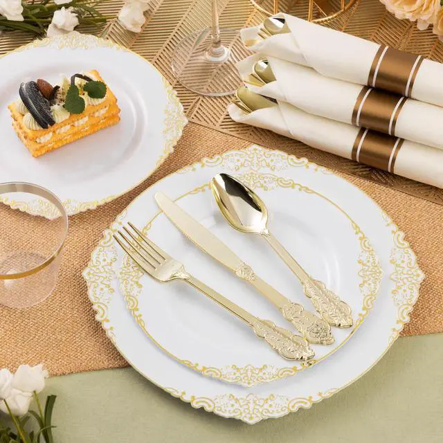 Alt view image 6 of 7 - 75PCS Gold Heavy Duty Plastic Silverware for 25 Guests