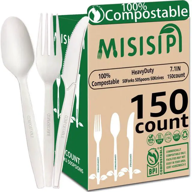 Main image of 150-Count Compostable Utensils Set - Heavy Duty BPI Certified, Plastic-Free Disposable Forks, Spoons, Knives for BBQ, Camping, Events, Plant-Based Cutlery