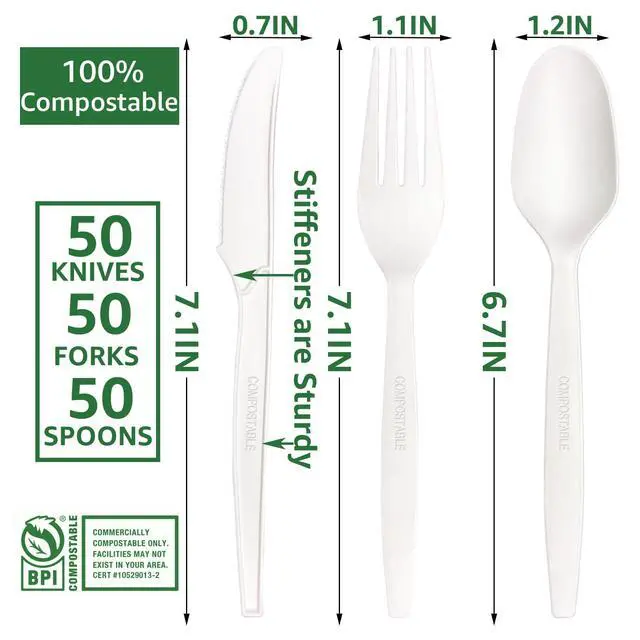 Alt view image 3 of 7 - 150-Count Compostable Utensils Set - Heavy Duty BPI Certified, Plastic-Free Disposable Forks, Spoons, Knives for BBQ, Camping, Events, Plant-Based Cutlery