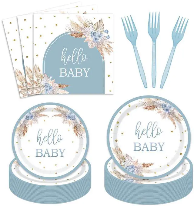Main image of Boho Baby Shower Tableware Party Decorations, Dusty Blue, 24 Guests