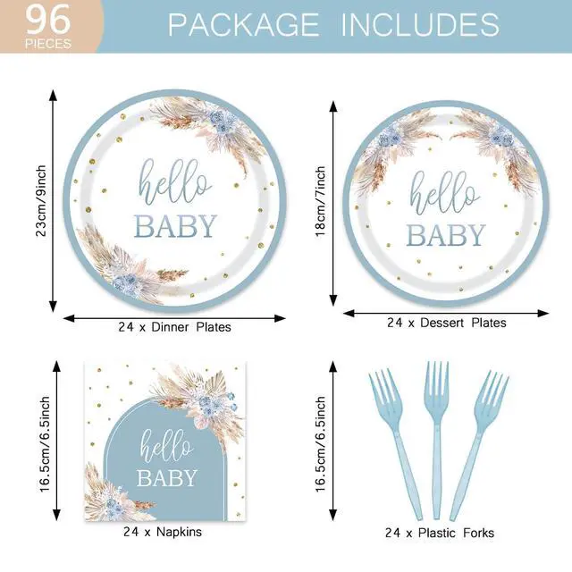 Alt view image 2 of 6 - Boho Baby Shower Tableware Party Decorations, Dusty Blue, 24 Guests