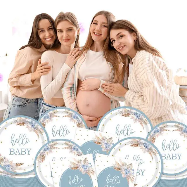 Alt view image 5 of 6 - Boho Baby Shower Tableware Party Decorations, Dusty Blue, 24 Guests