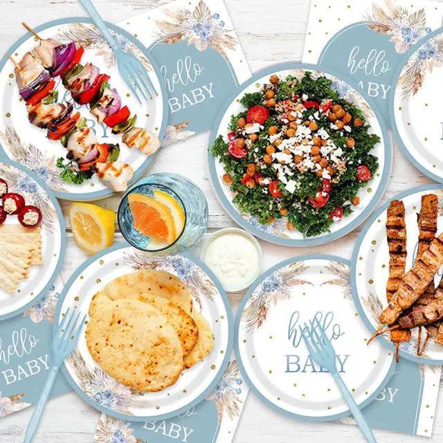 Alt view image 6 of 6 - Boho Baby Shower Tableware Party Decorations, Dusty Blue, 24 Guests