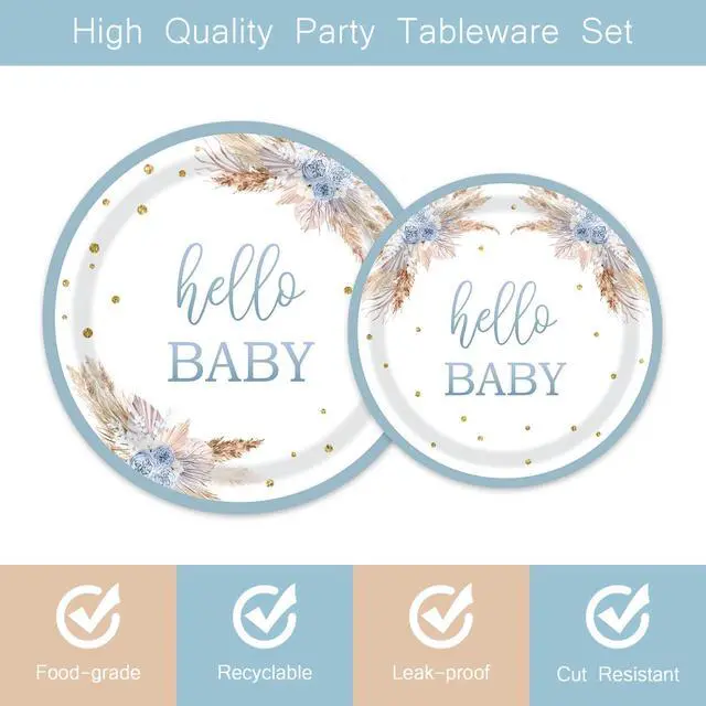 Alt view image 3 of 6 - Boho Baby Shower Tableware Party Decorations, Dusty Blue, 24 Guests