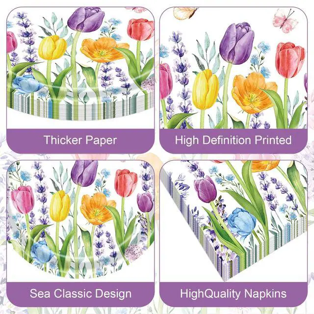 Alt view image 2 of 5 - 40 Pieces Spring Tulip Floral Party Tableware Set Disposable 9 Inch Plates and Napkins for Spring Garden Parties, Baby Showers and Picnics Serves 20