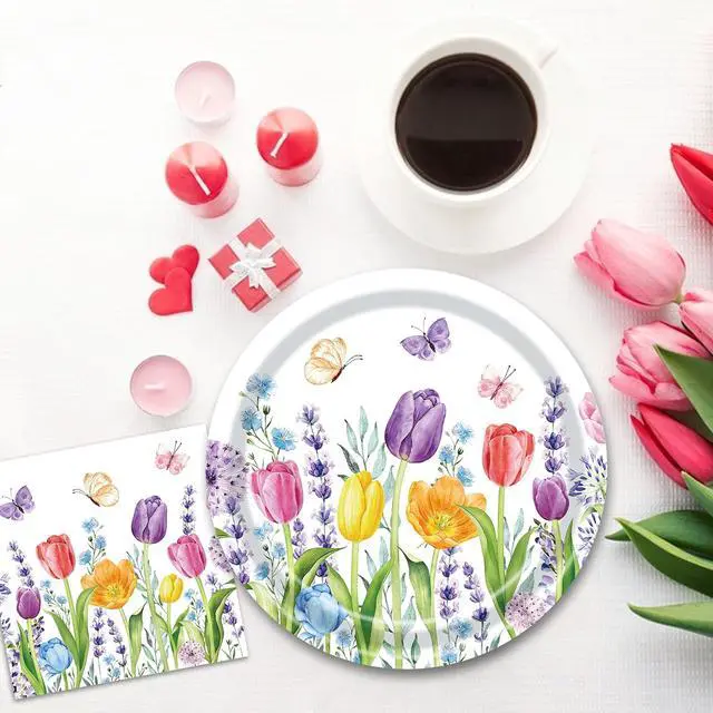 Alt view image 3 of 5 - 40 Pieces Spring Tulip Floral Party Tableware Set Disposable 9 Inch Plates and Napkins for Spring Garden Parties, Baby Showers and Picnics Serves 20