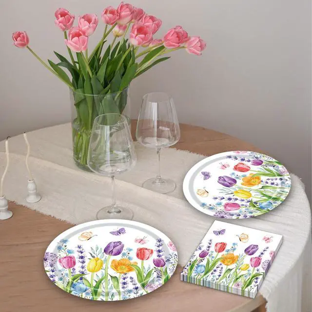 Alt view image 4 of 5 - 40 Pieces Spring Tulip Floral Party Tableware Set Disposable 9 Inch Plates and Napkins for Spring Garden Parties, Baby Showers and Picnics Serves 20