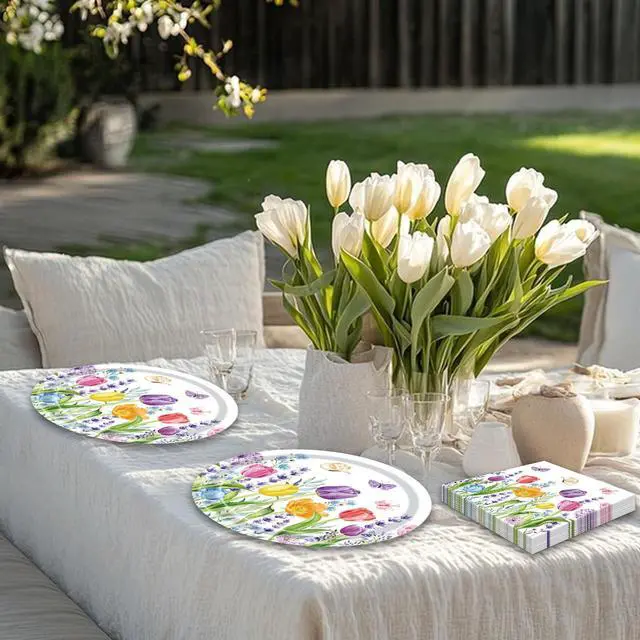 Alt view image 5 of 5 - 40 Pieces Spring Tulip Floral Party Tableware Set Disposable 9 Inch Plates and Napkins for Spring Garden Parties, Baby Showers and Picnics Serves 20