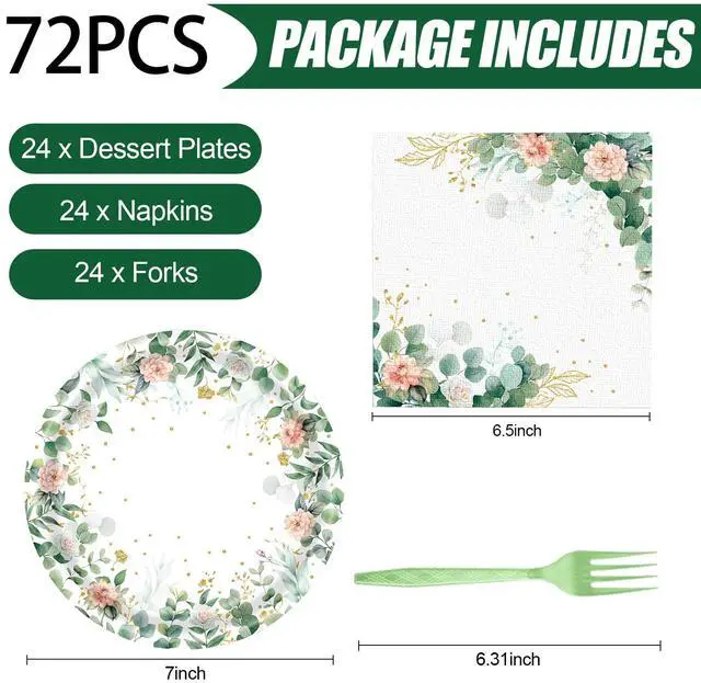 Alt view image 2 of 7 - 72 Pcs Floral Paper Plates and Napkins Party Supplies, Sage Green Disposable Tableware Set for Spring Summer Picnic Wedding Birthday Baby Shower Tea Party Decorations, Serves 24
