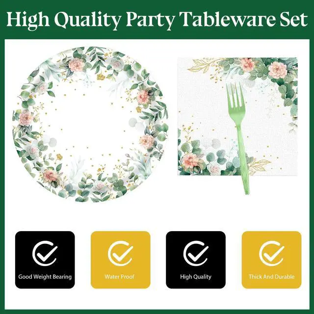 Alt view image 3 of 7 - 72 Pcs Floral Paper Plates and Napkins Party Supplies, Sage Green Disposable Tableware Set for Spring Summer Picnic Wedding Birthday Baby Shower Tea Party Decorations, Serves 24