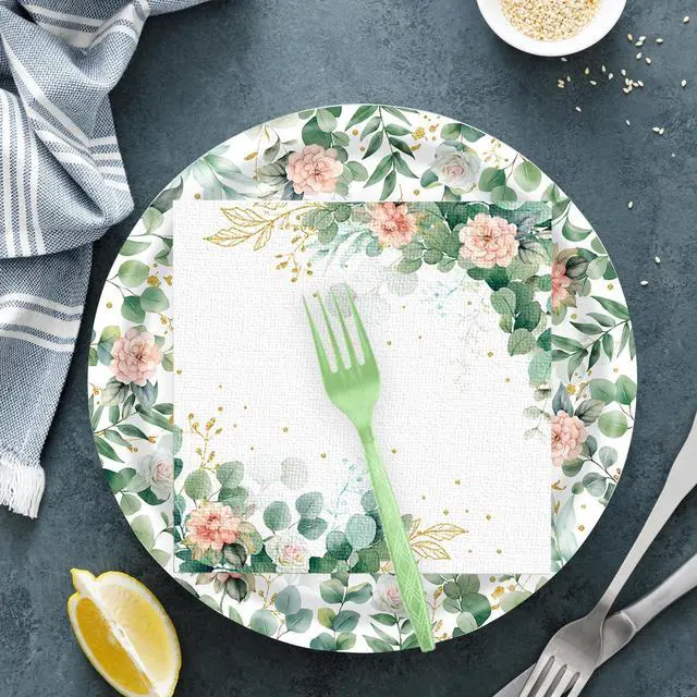 Alt view image 5 of 7 - 72 Pcs Floral Paper Plates and Napkins Party Supplies, Sage Green Disposable Tableware Set for Spring Summer Picnic Wedding Birthday Baby Shower Tea Party Decorations, Serves 24