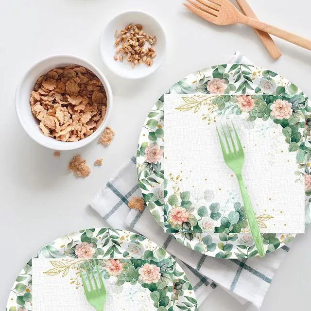Alt view image 6 of 7 - 72 Pcs Floral Paper Plates and Napkins Party Supplies, Sage Green Disposable Tableware Set for Spring Summer Picnic Wedding Birthday Baby Shower Tea Party Decorations, Serves 24