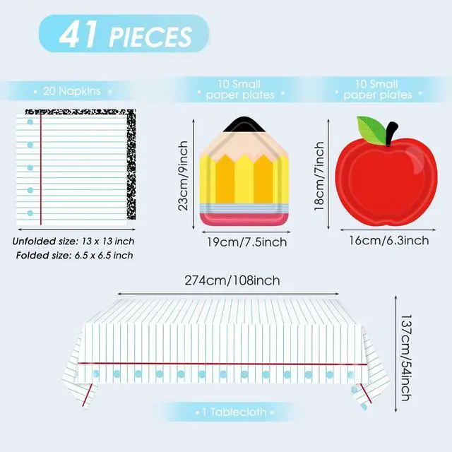 Alt view image 2 of 7 - 41pcs Back to School First Day of School Decorations Tableware Set Include Disposable Red Apple Paper Plates Napkins Notebook Tablecloth, Cool for School Classroom Theme Decorations, Serves 20